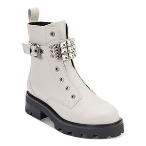 KARL LAGERFELD PARIS Womens White Maeva Toe Block Heel Leather Combat Boots 5 M